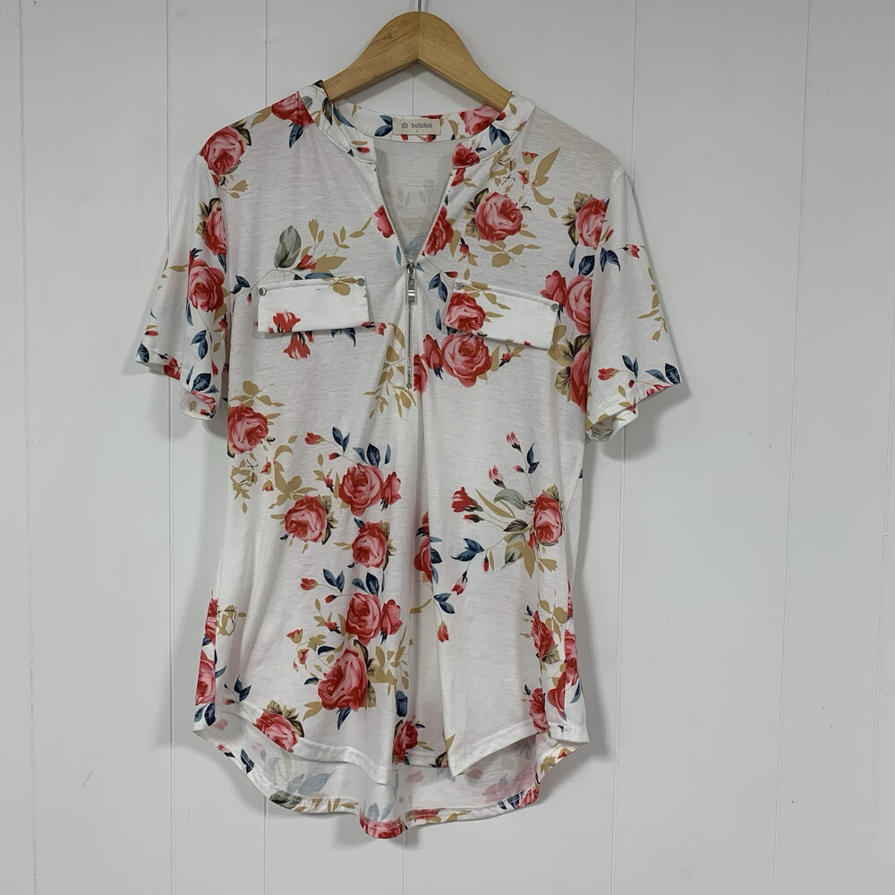 Bulotus Blouse Women L White Floral Crew Neck 3/4 Sleeve Zipper Cotton Casual